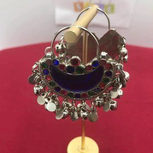 Blue Kuchi Bali Earrings With Small Silver Bells, Antique Hoop Style Earrings